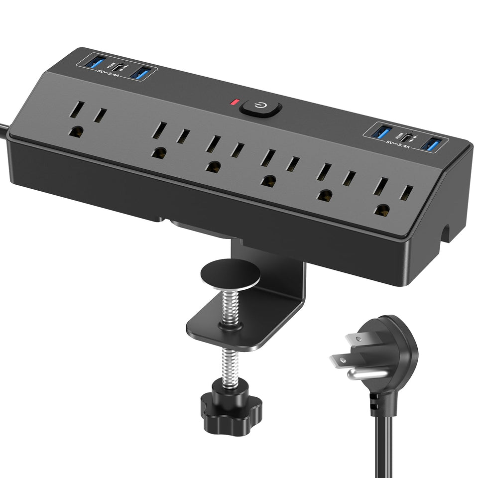 JXGUCAT front view clamped on desk for organized power access