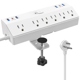 JXGUCAT front view showing clamp-mounted power strip and tidy desk benefit