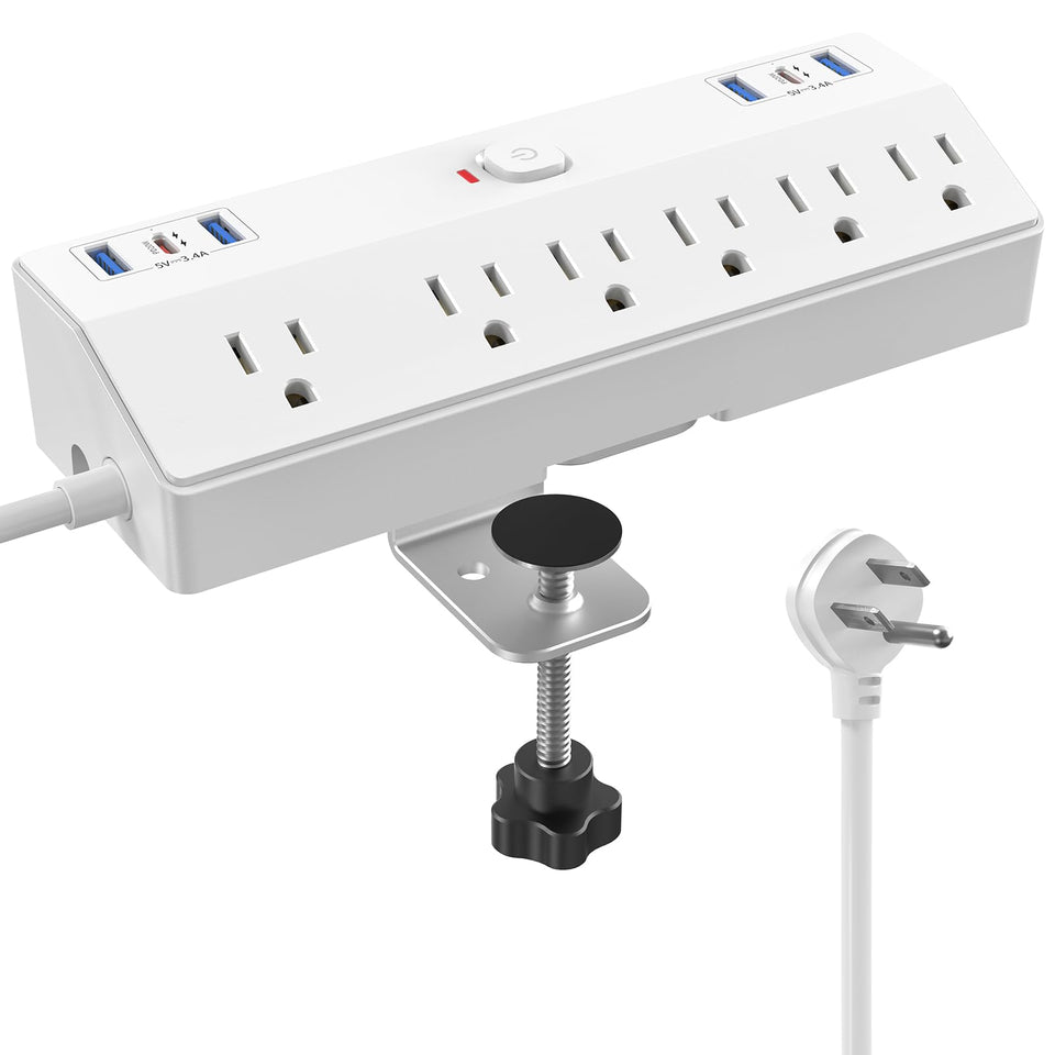 JXGUCAT front view showing clamp-mounted power strip and tidy desk benefit