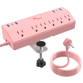 JXGUCAT front view of pink desk clamp power strip showing neat organization and color