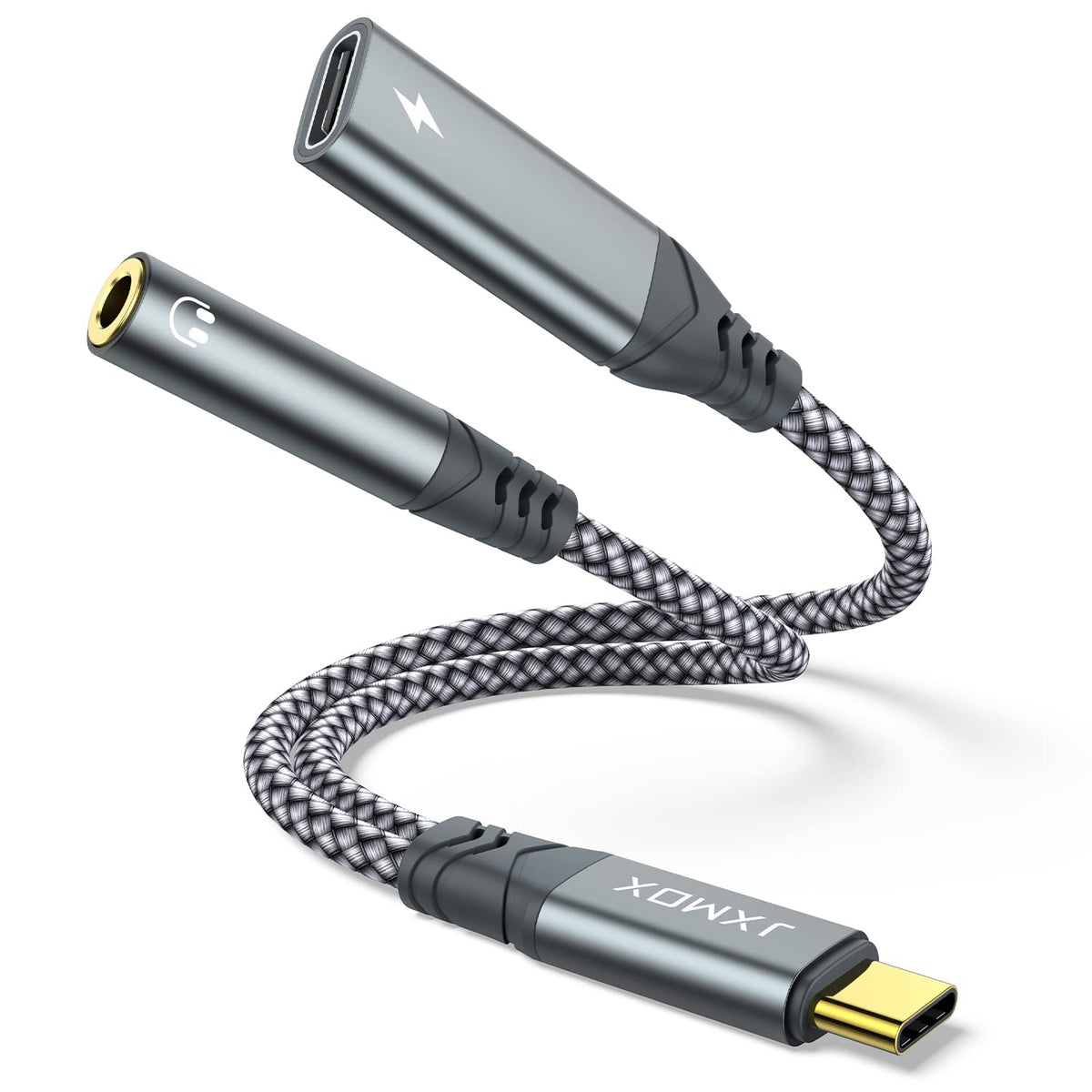 JXMOX USB-C to 3.5mm adapter front view showing 2-in-1 charging and audio.