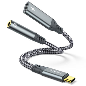 JXMOX USB-C to 3.5mm adapter front view showing 2-in-1 charging and audio.