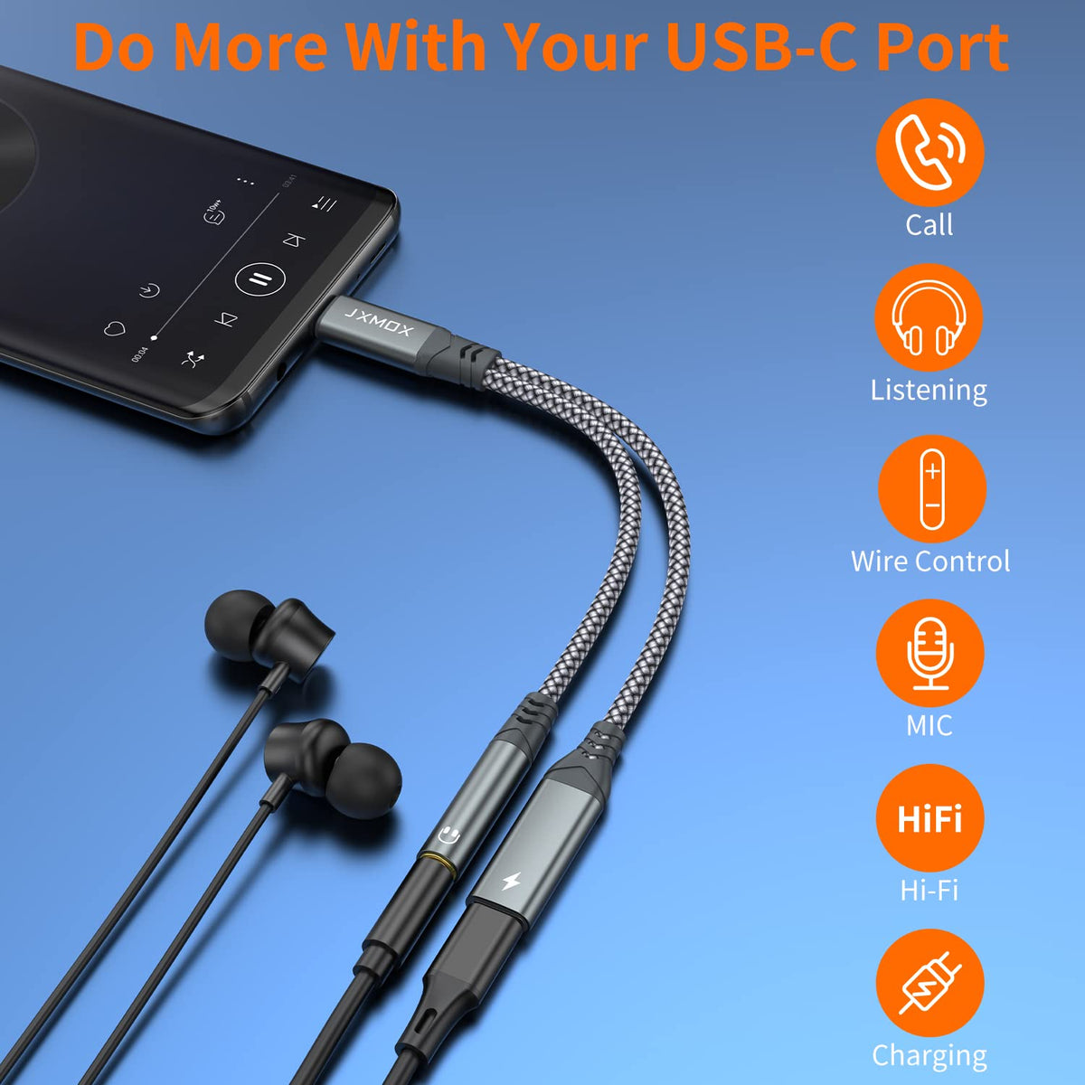 JXMOX USB-C to 3.5mm adapter in use connected to a phone.