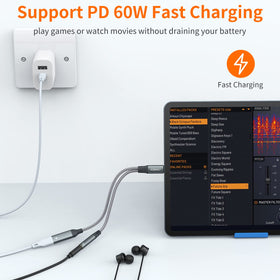 JXMOX USB-C to 3.5mm adapter side ports for charging and audio jack.
