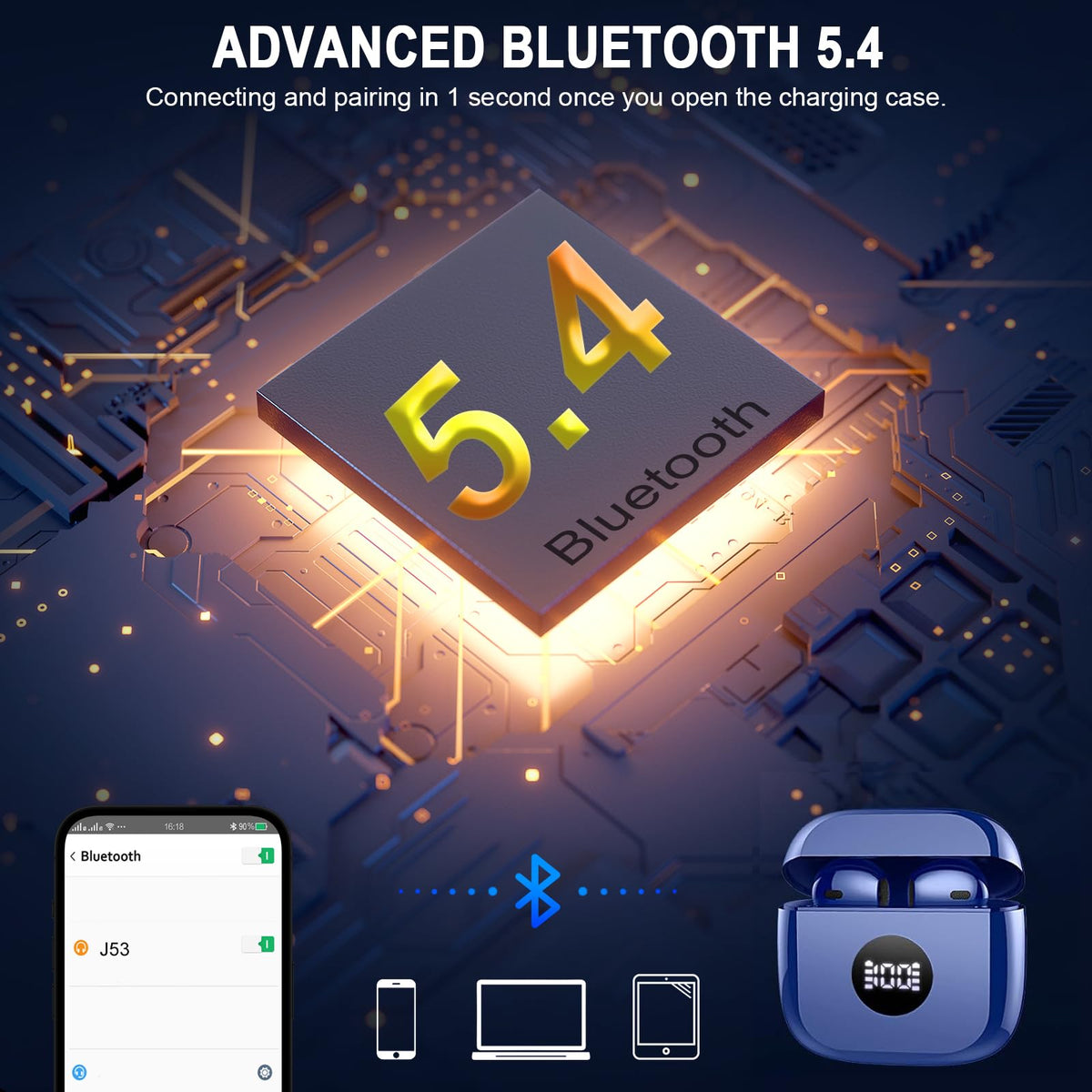 Jxrev Bluetooth 5.4 earbuds auto-connect with iOS and Android devices