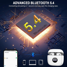 Jxrev earbuds inside case with LED status display for charging info