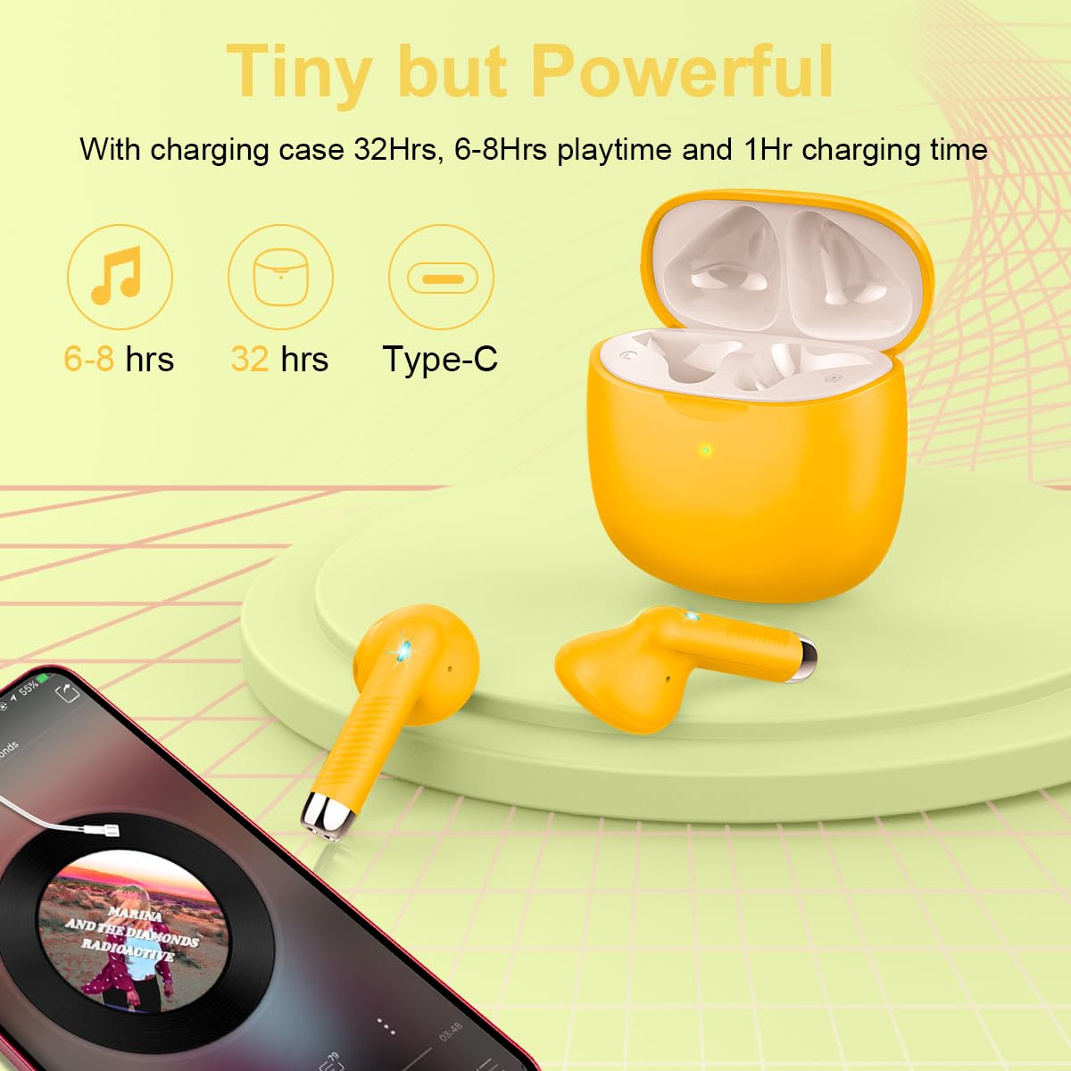 Jxrev yellow design wireless earbuds for everyday use.