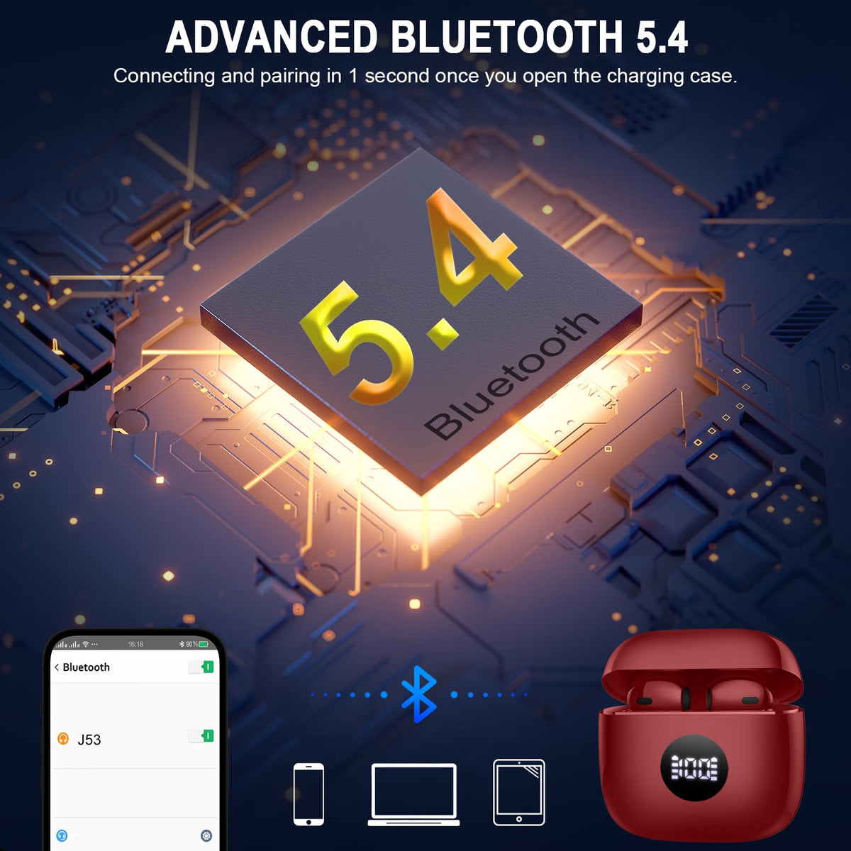 Jxrev charging case LED display showing battery levels, ensuring charge transparency