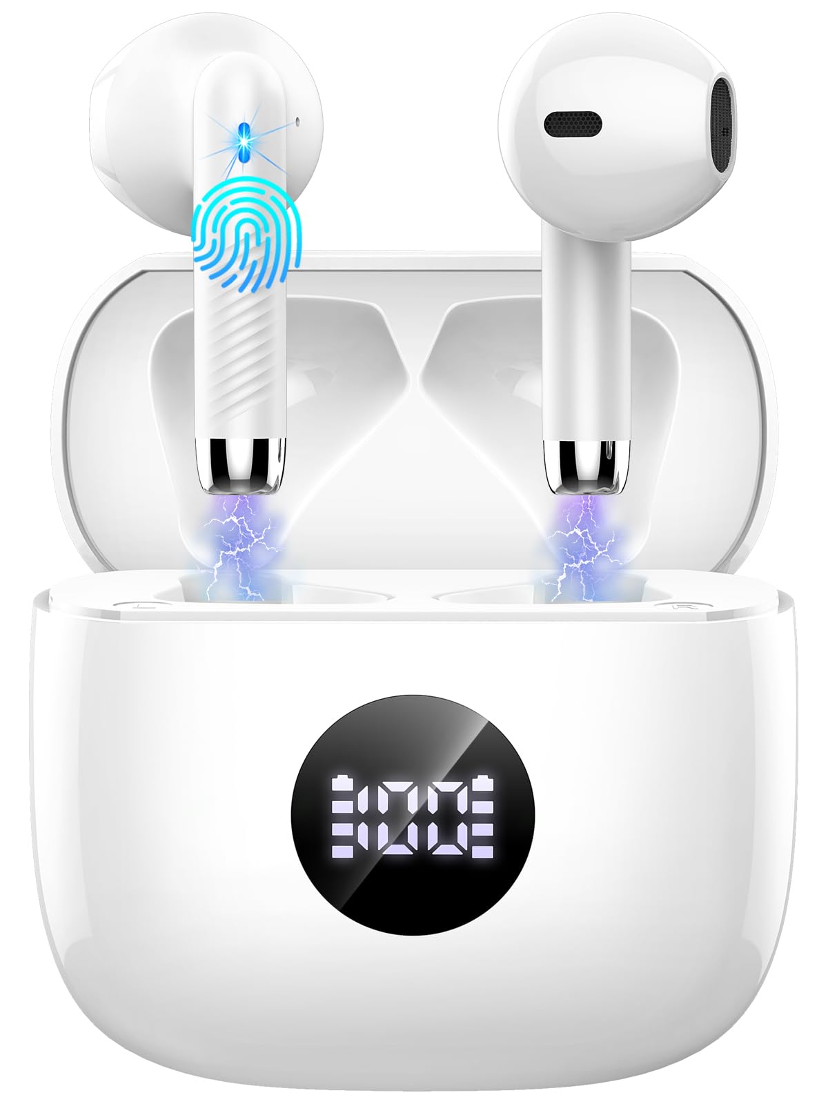 Jxrev wireless earbuds front view with LED display showing battery status