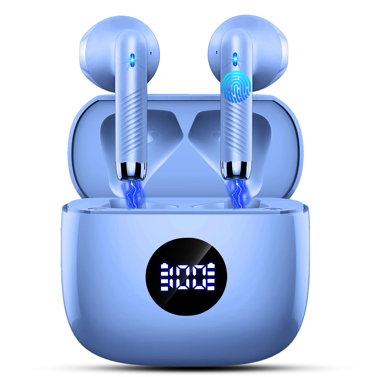 Jxrev wireless earbuds with LED display showing case battery status for easy power checks.