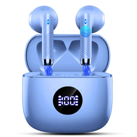 Jxrev wireless earbuds with LED display showing case battery status for easy power checks.