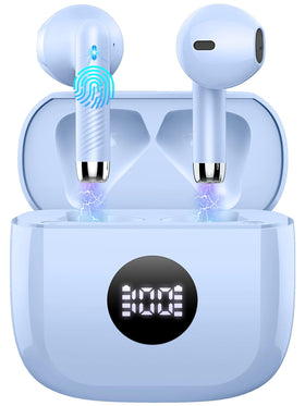 Jxrev wireless earbuds with LED display showing battery status for quick charging
