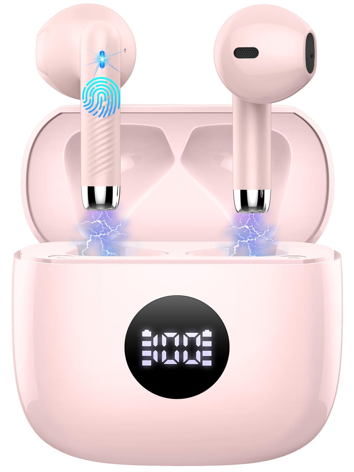 Jxrev wireless earbuds with LED power display showing real-time battery status.