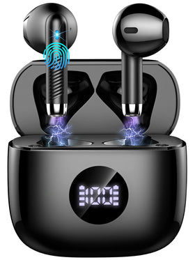 Jxrev wireless earbuds with LED power display showing real-time battery status.