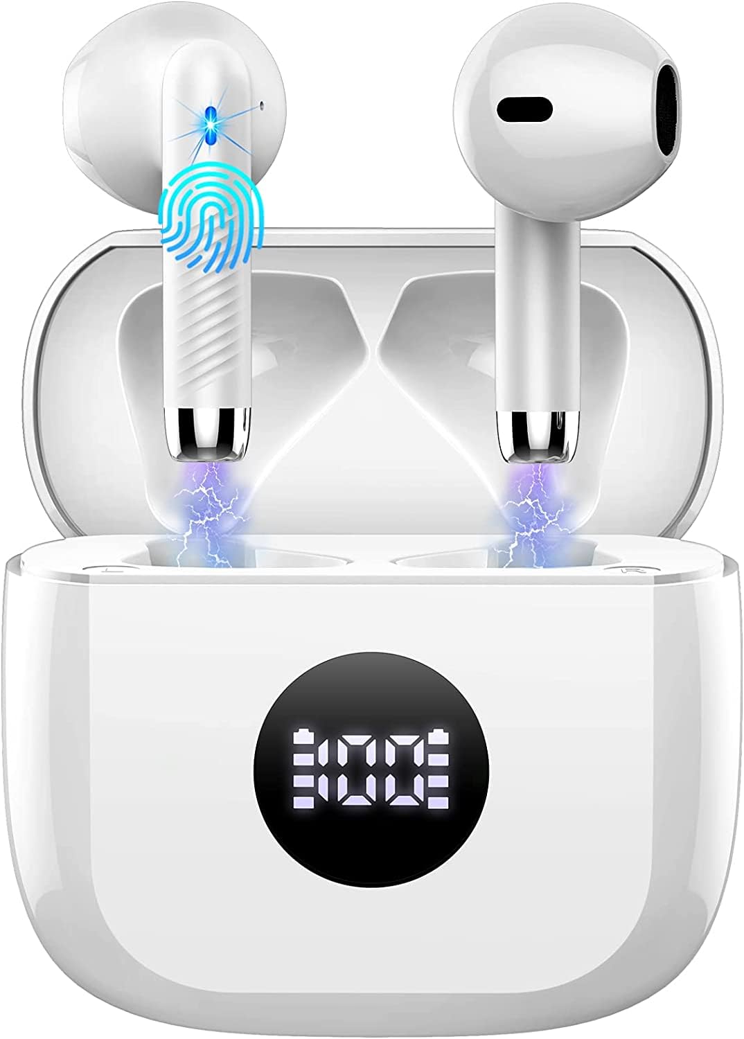 Jxrev wireless earbuds with LED power display showing real-time battery status