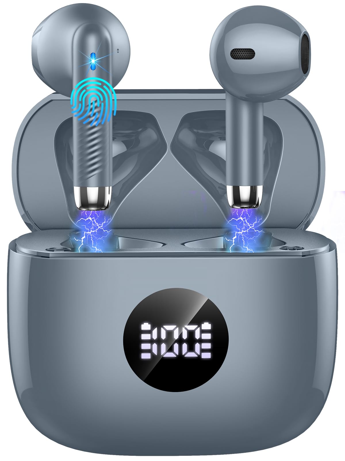 Jxrev wireless earbuds with LED power display showing real-time battery levels for case and buds.