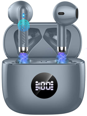 Jxrev wireless earbuds with LED power display showing real-time battery levels for case and buds.