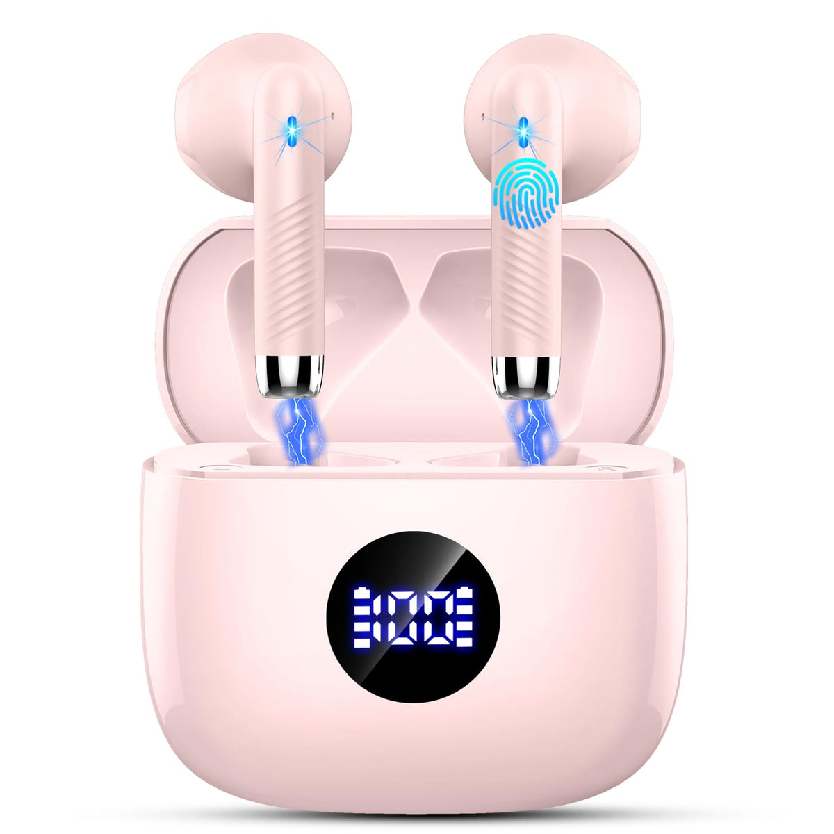 Jxrev wireless earbuds with mini case LED display showing battery status