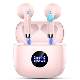 Jxrev wireless earbuds with mini case LED display showing battery status