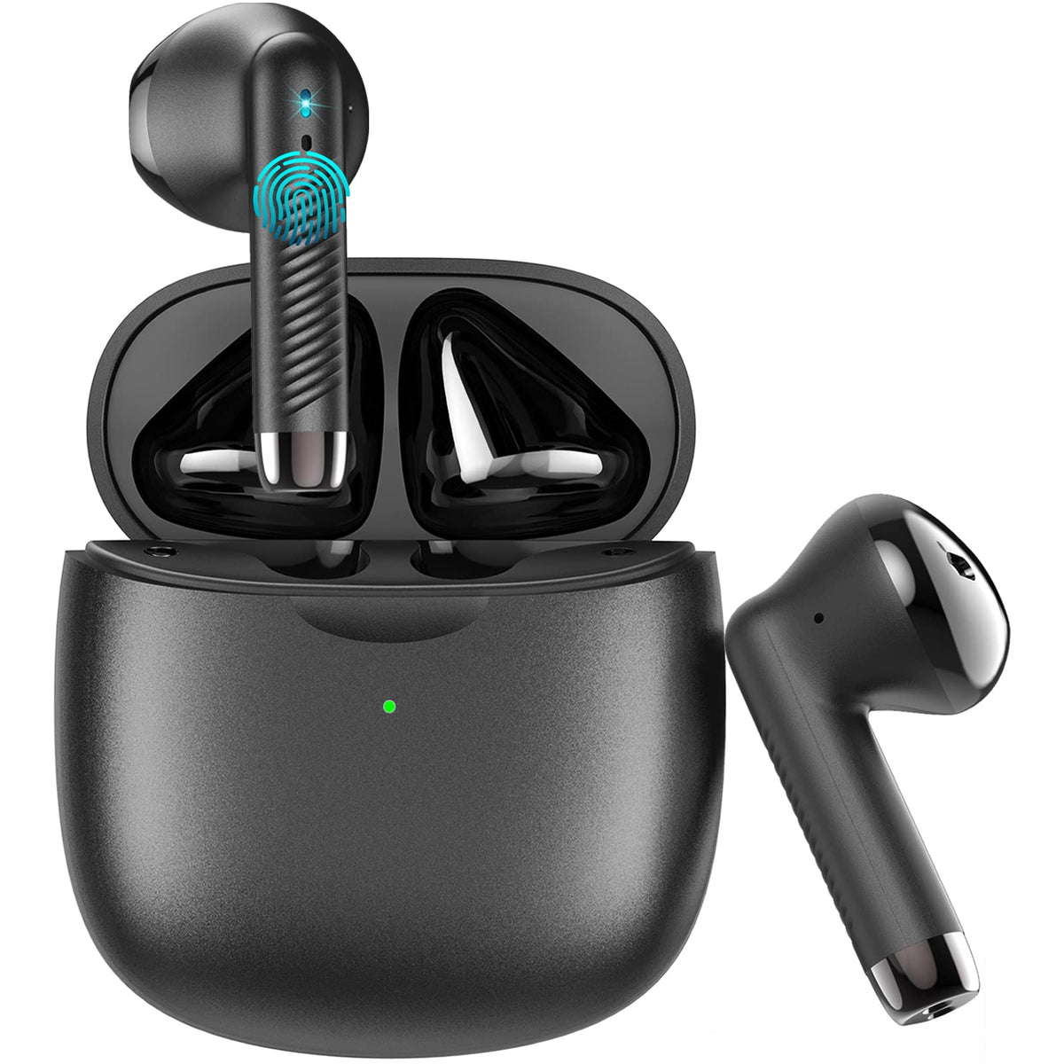 Jxrev wireless earbuds with open charging case for quick auto-pairing.
