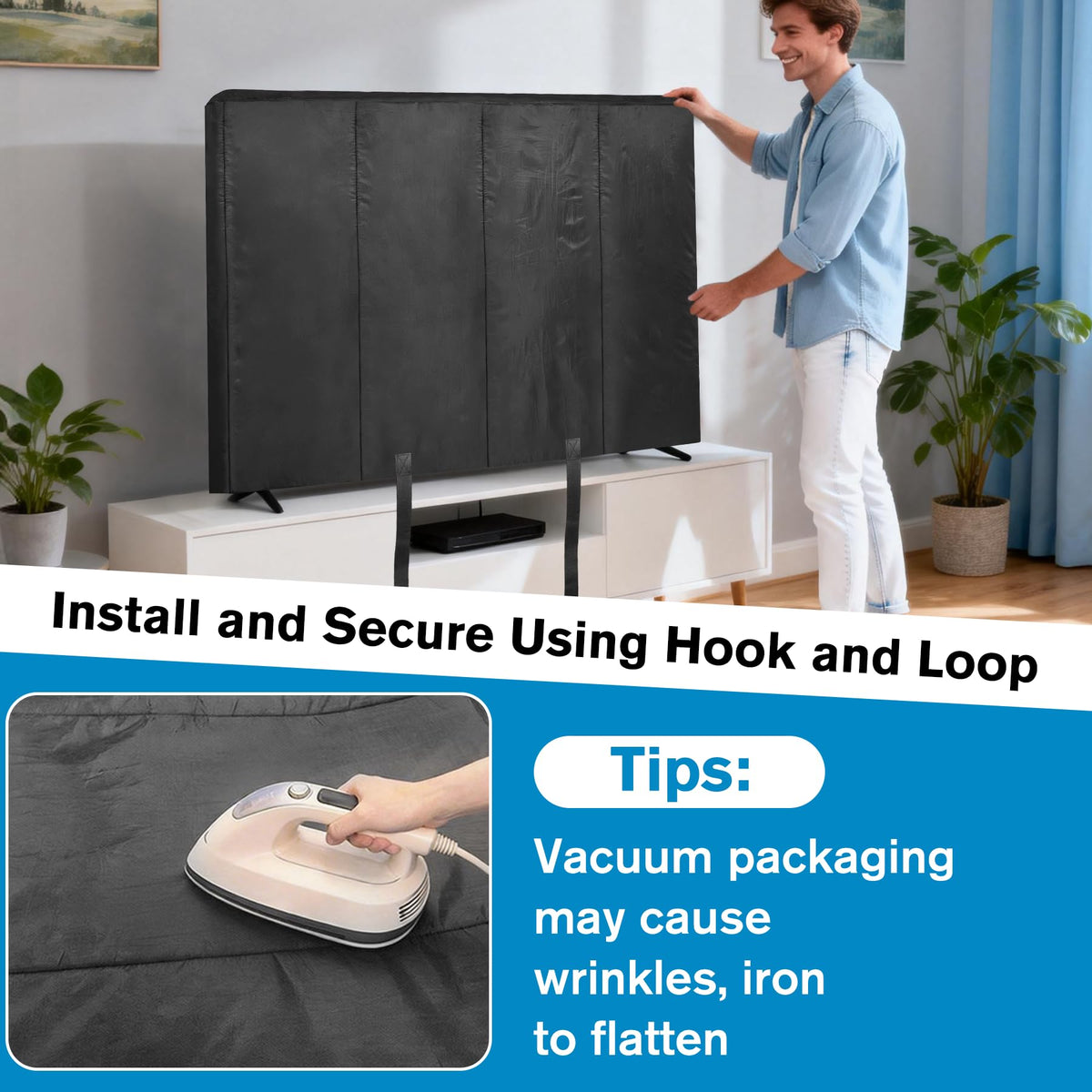 JZHLLA TV inside cover in living room showing neat aesthetic protection
