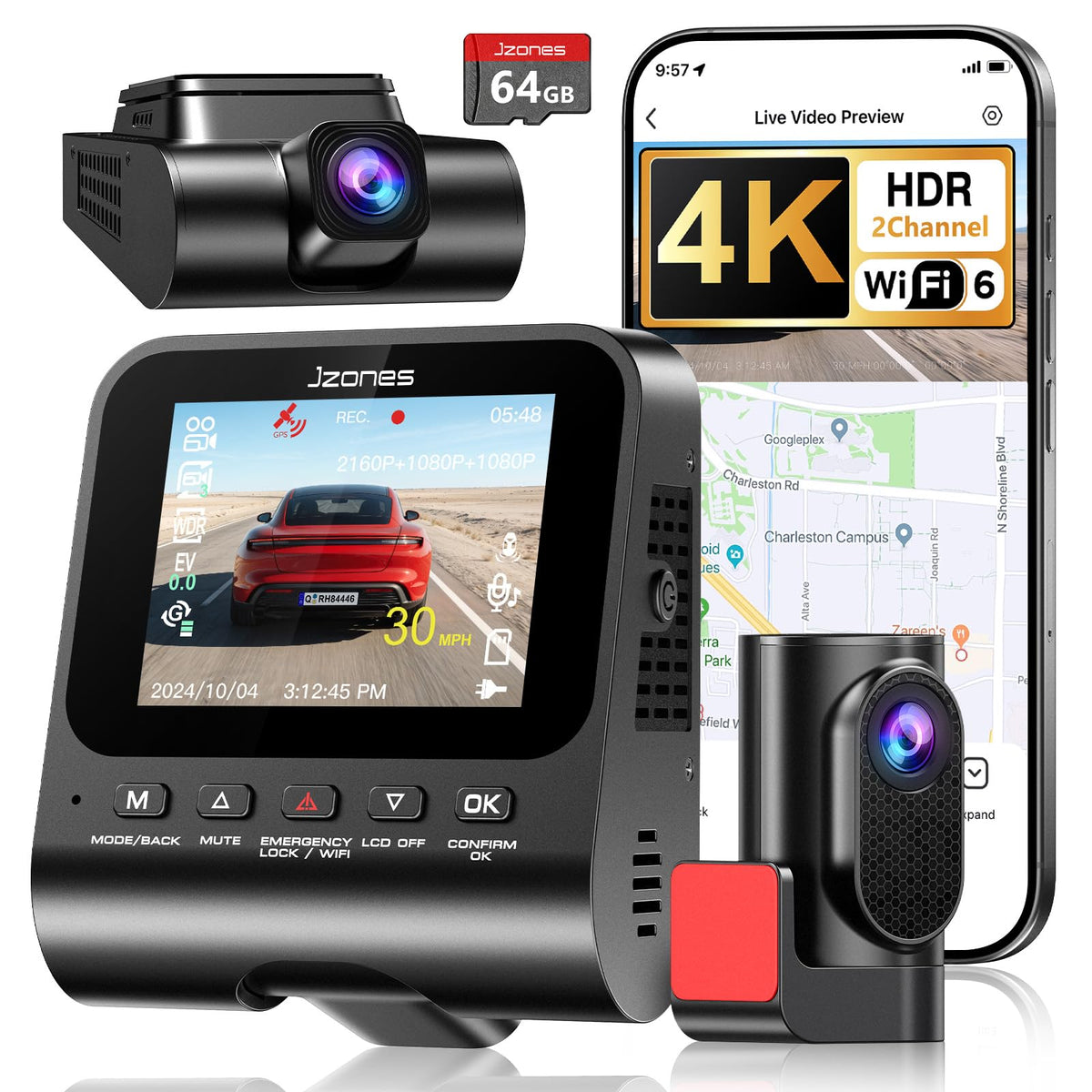 Jzones 4K dash cam front and rear captures license plates and road details clearly