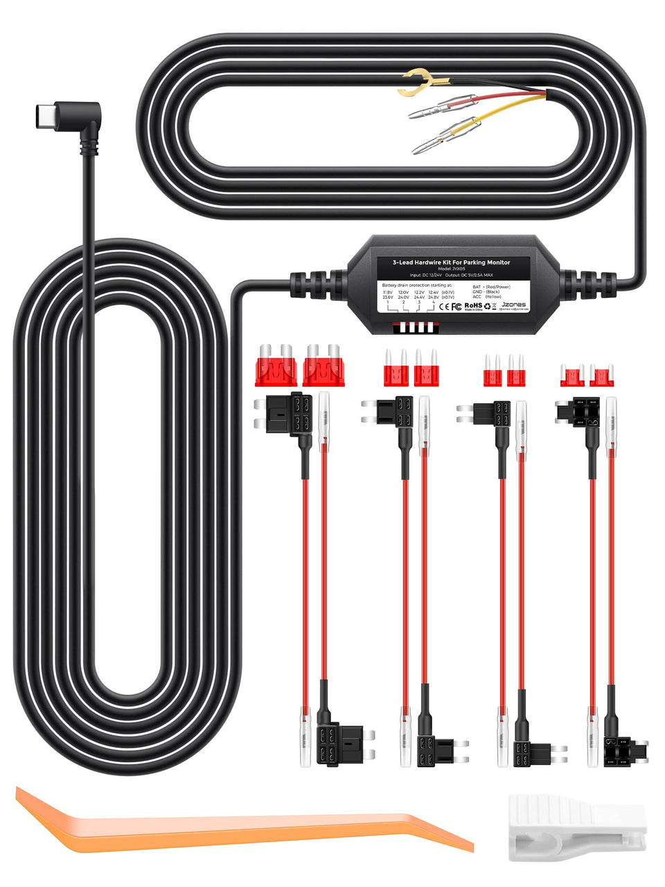 Jzones dash cam hardwire kit with 11-5ft Type-C USB connection for stable power.