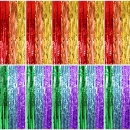 K.E.J. front view of 10-pack rainbow foil fringe backdrop, vibrant party upgrade