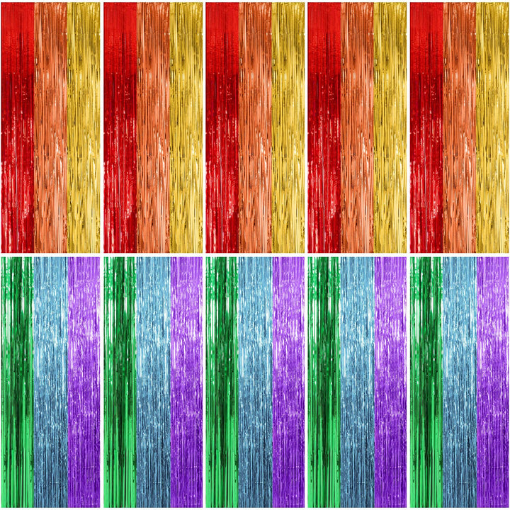 K.E.J. front view of 10-pack rainbow foil fringe backdrop, vibrant party upgrade