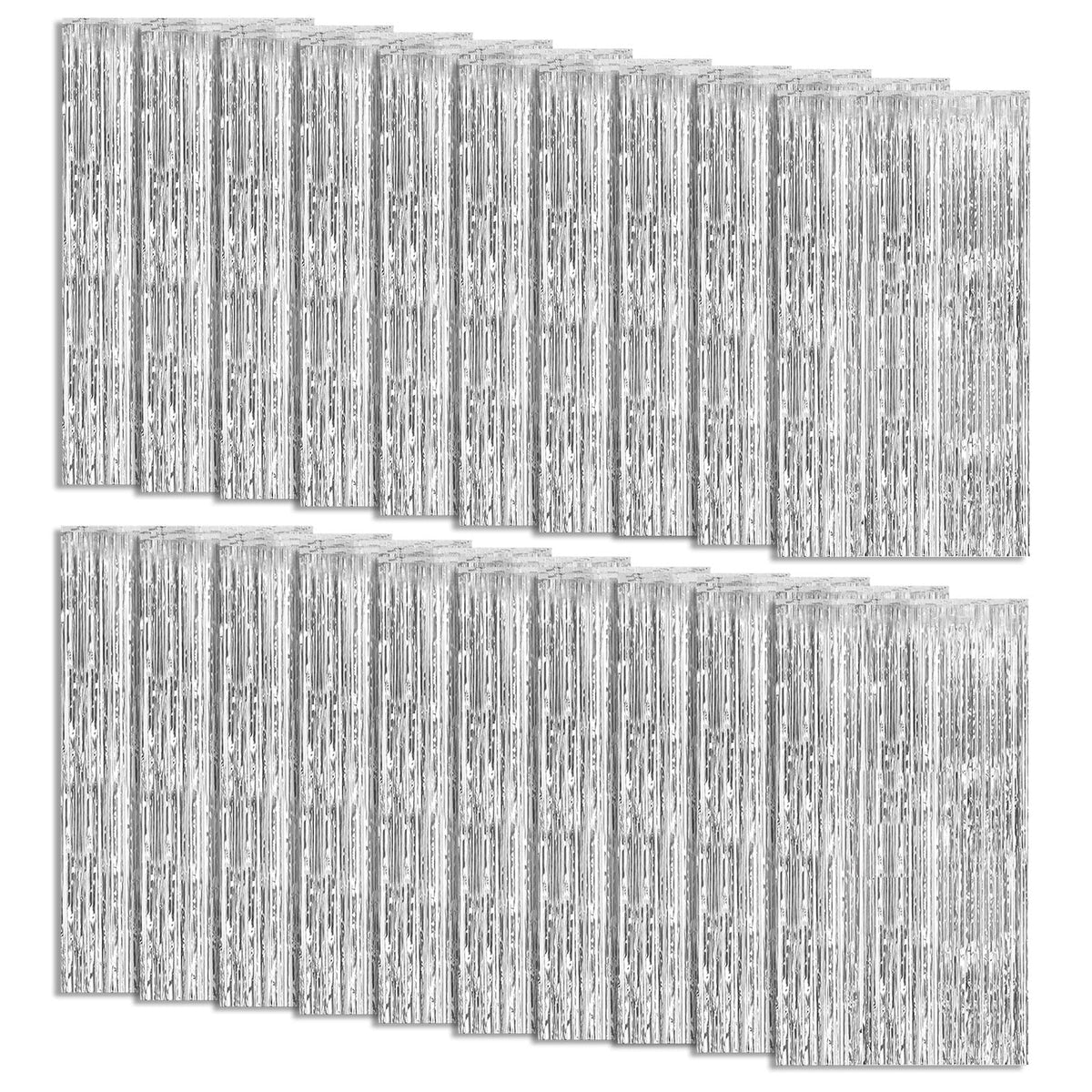 K.E.J. front view of 20-pack silver foil curtain showing box and panels, adds instant glamour