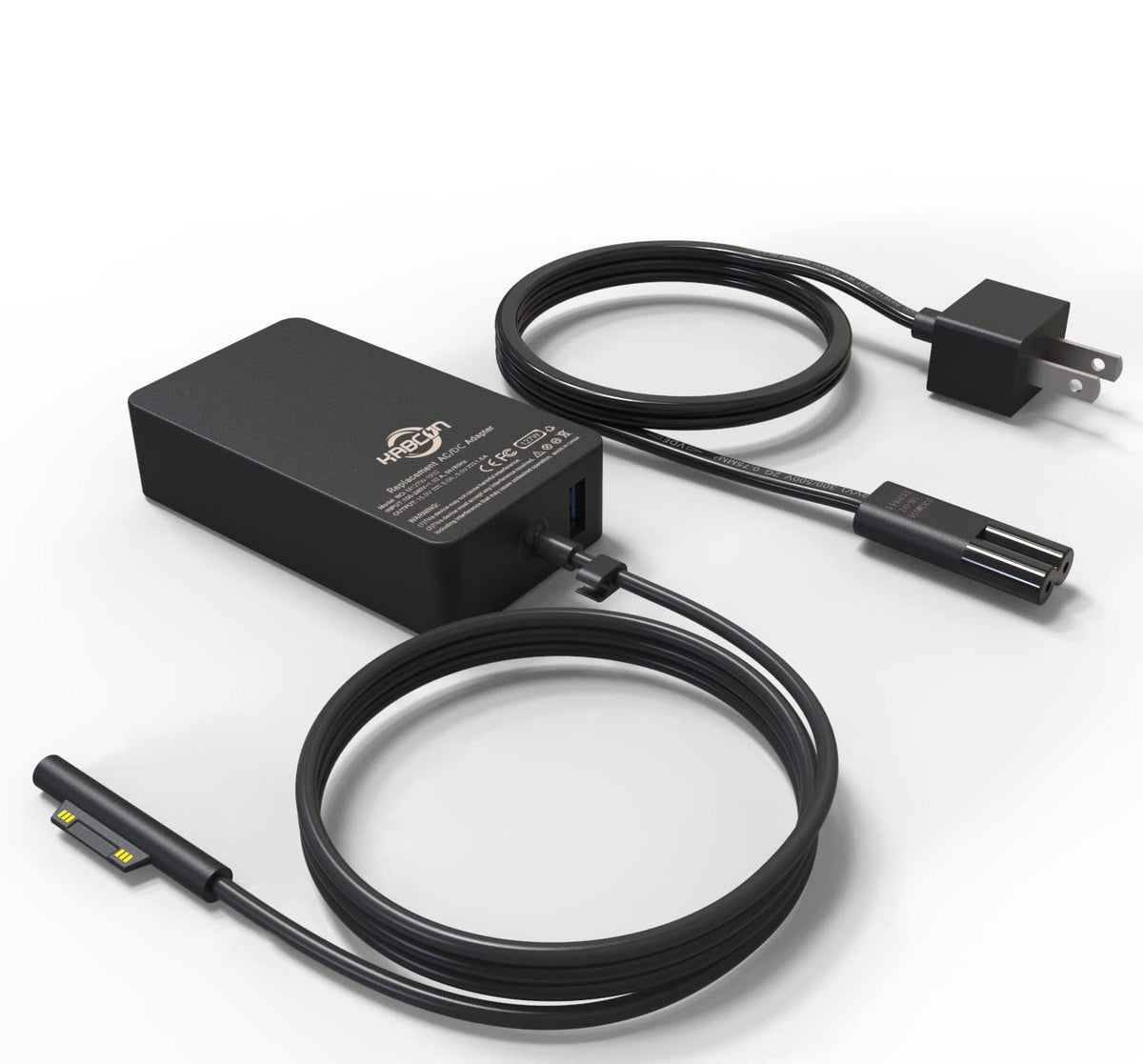 KABCON front view power adapter showing connector and brand, provides reliable Surface charging