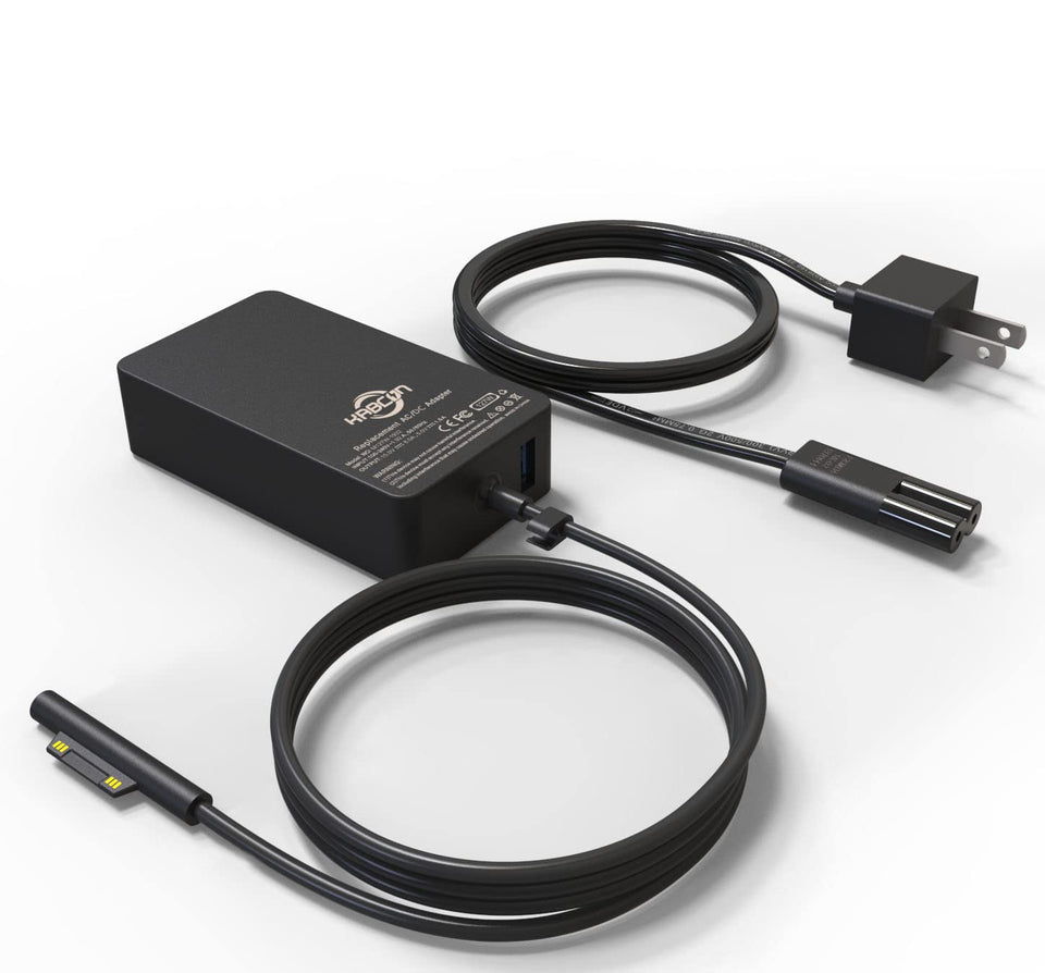 KABCON front view power adapter showing connector and brand, provides reliable Surface charging