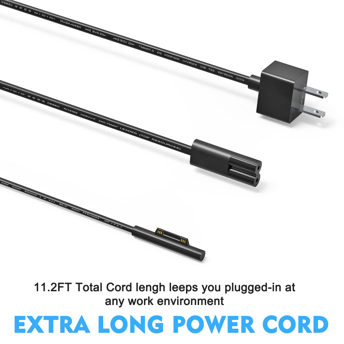 KABCON extra-long 11.2ft cord stretched across desk, gives flexible outlet placement