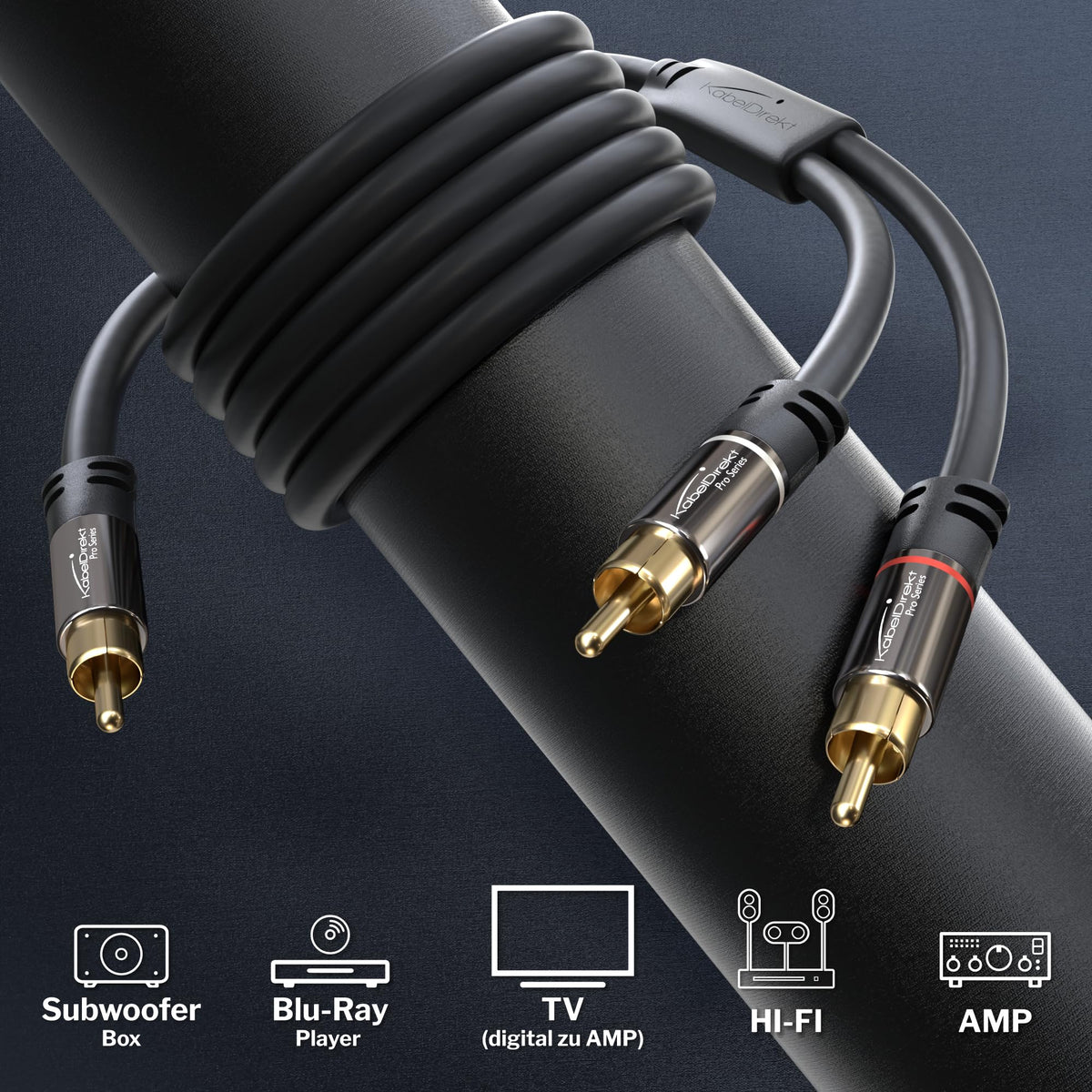 KabelDirekt RCA Y cable connectors close-up showing sturdy 1-to-2 split ends.