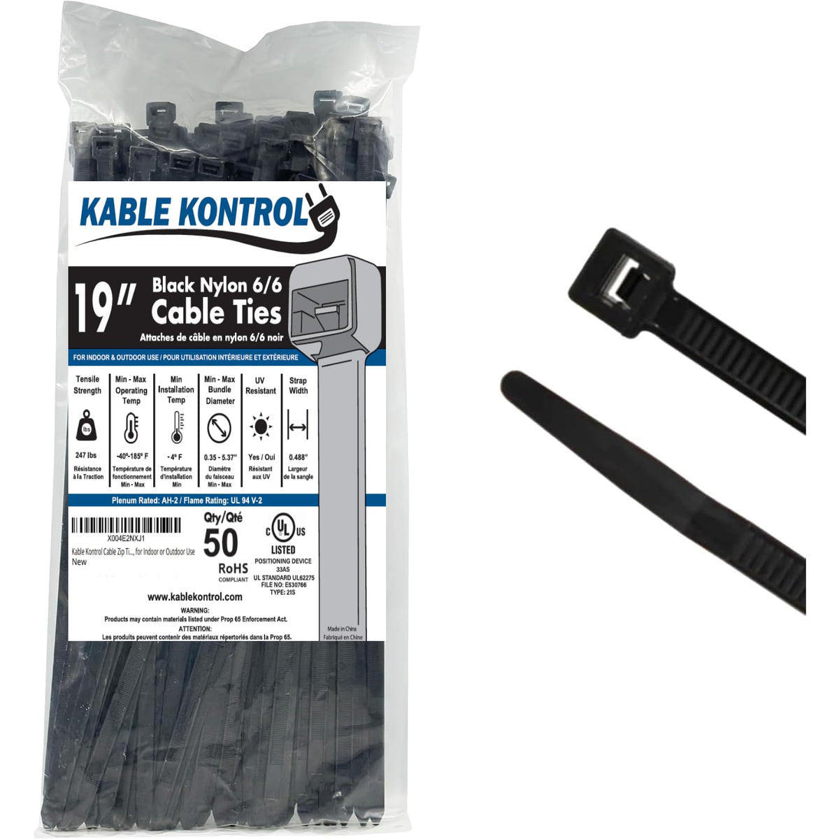 Kable Kontrol 19-inch zip ties pack for secure indoor cable organization