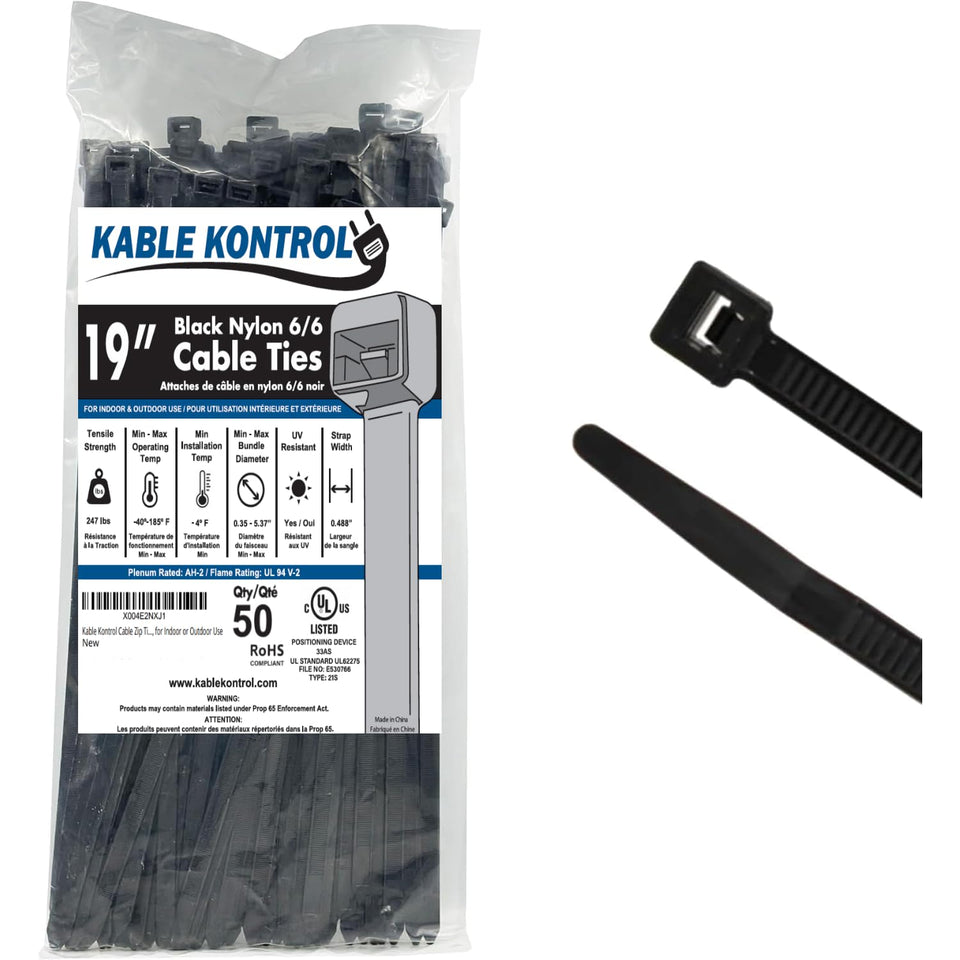 Kable Kontrol 19-inch zip ties pack for secure indoor cable organization