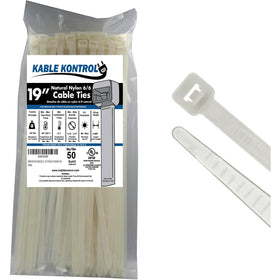 Kable Kontrol 19-inch cable ties pack of 50, clear white for easy cable organization.