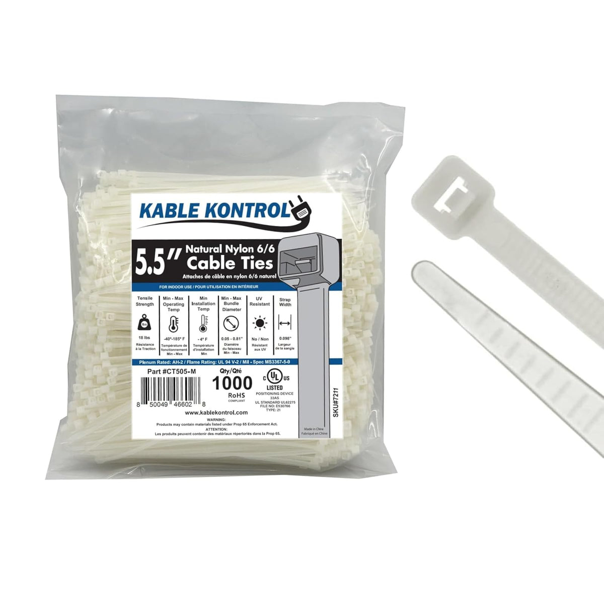 Kable Kontrol 5.5-inch clear white cable ties for tidy indoor cable organization.