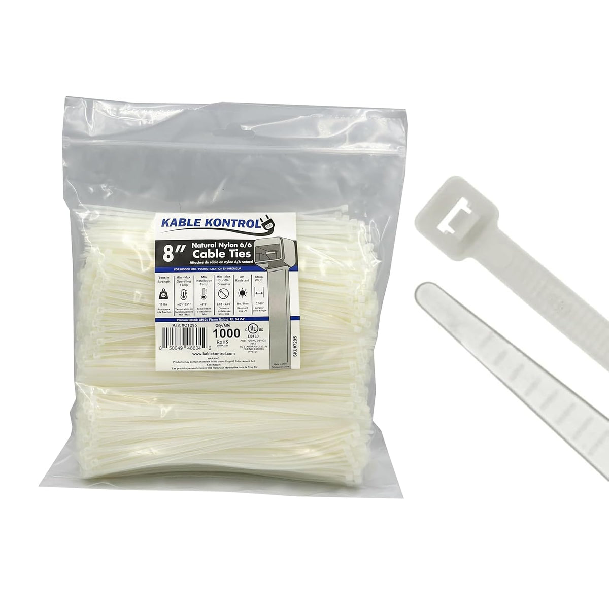 Kable Kontrol 8-inch clear white zip tie securing cables indoors