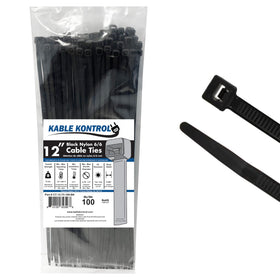 Kable Kontrol black 12-inch zip tie close-up showing durable teeth for a secure grip.