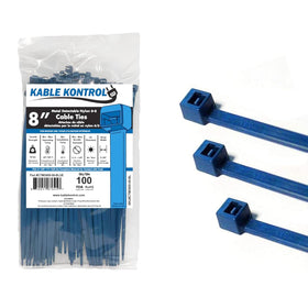 Kable Kontrol blue 8-inch zip ties, metal detectable for reliable organization.