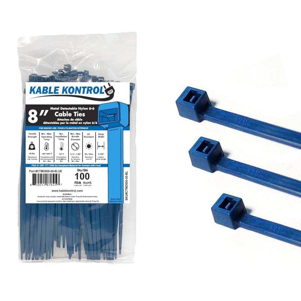 Kable Kontrol blue 8-inch zip ties, metal detectable for reliable organization.