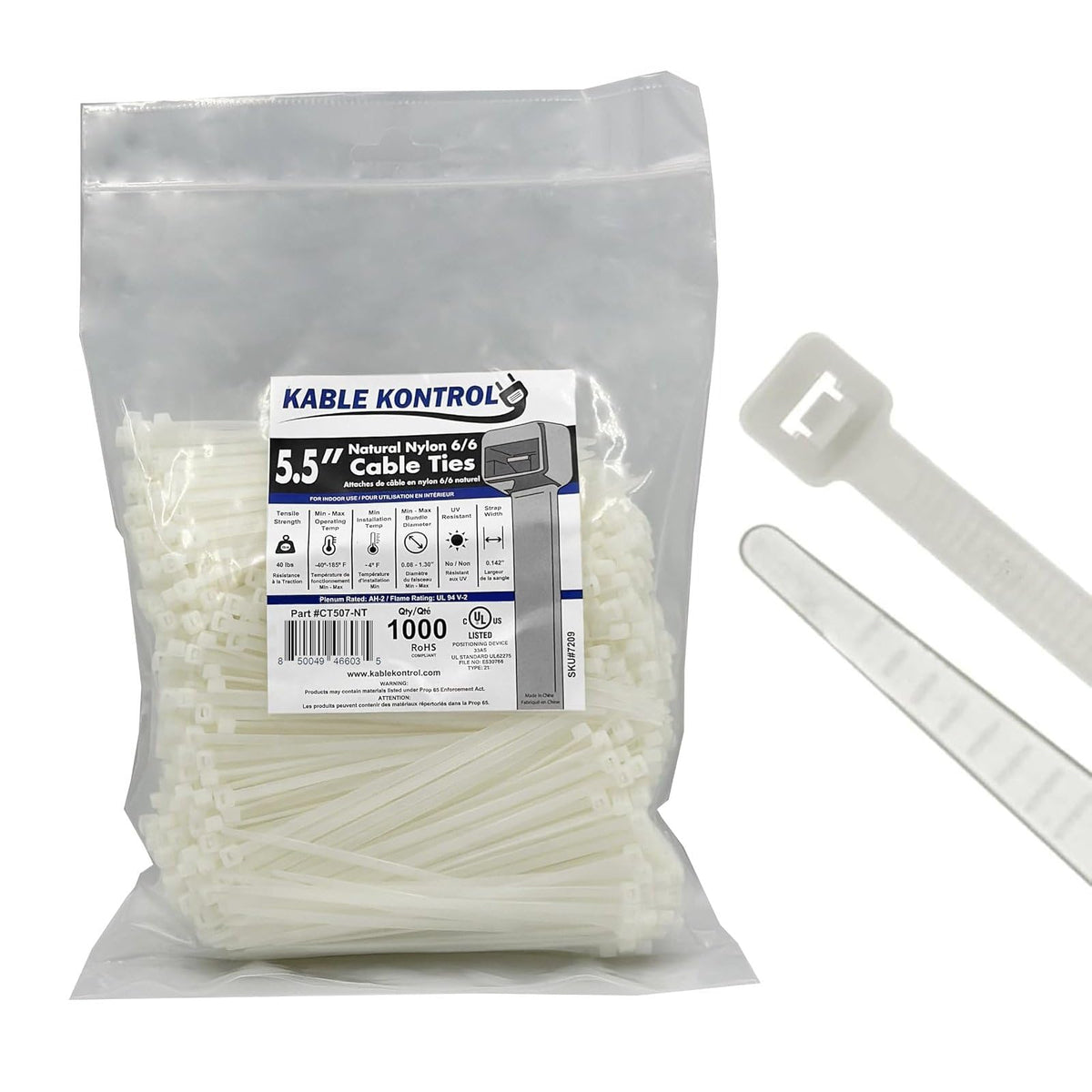 Kable Kontrol 5.5 inch cable tie in natural white for neat indoor cable organization