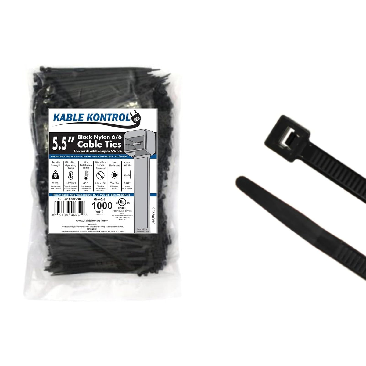 Kable Kontrol black zip ties, 5.5 inch, 1000-pack, ideal for tidy wiring.