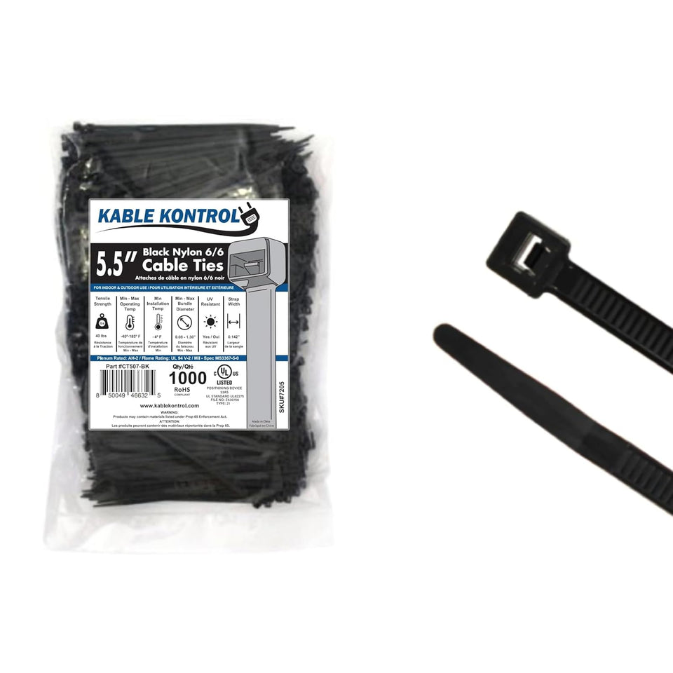 Kable Kontrol black zip ties, 5.5 inch, 1000-pack, ideal for tidy wiring.