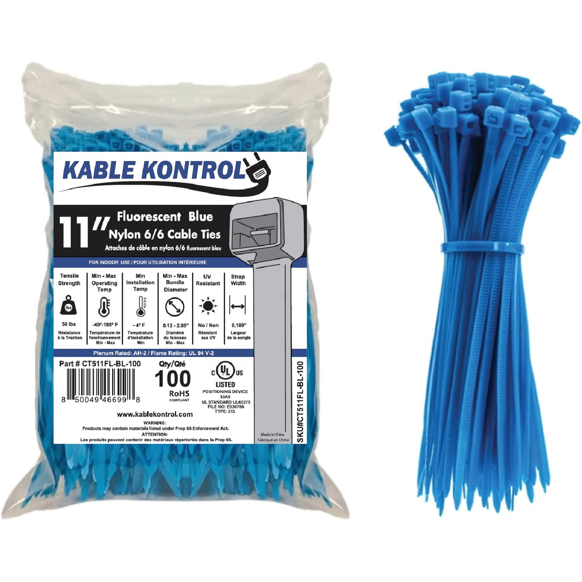 Kable Kontrol fluorescent blue zip tie 11in for clear cable organization.