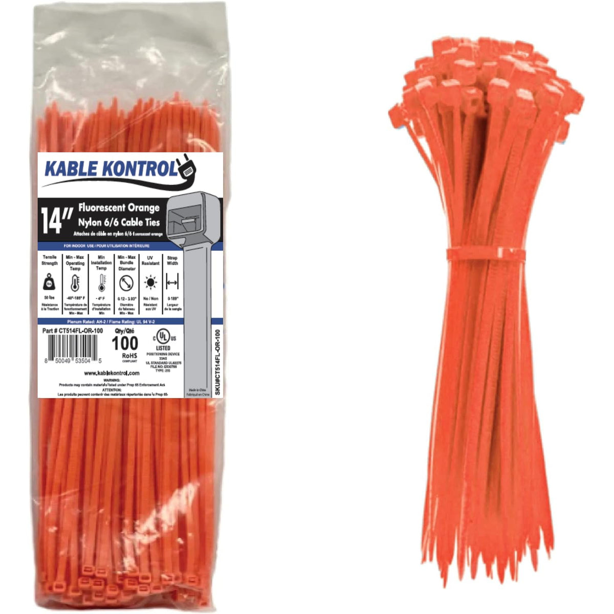 Kable Kontrol fluorescent orange zip ties 14in, 100-pack for durable cable organization.