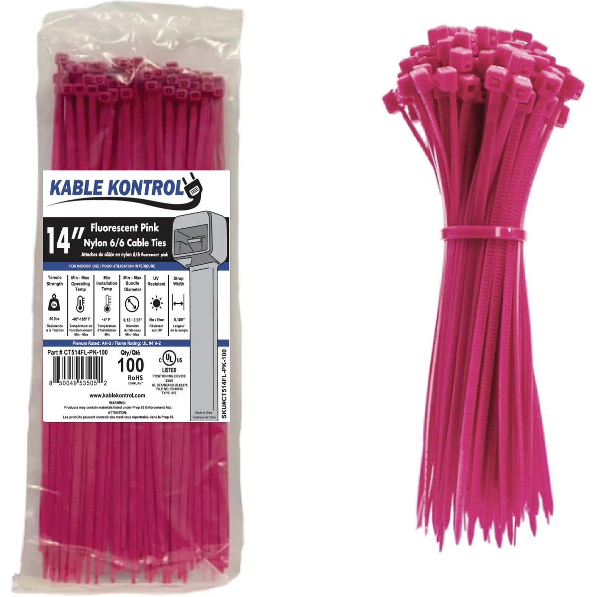 Kable Kontrol fluorescent pink zip ties 14-inch, 100-pack for quick cable organization