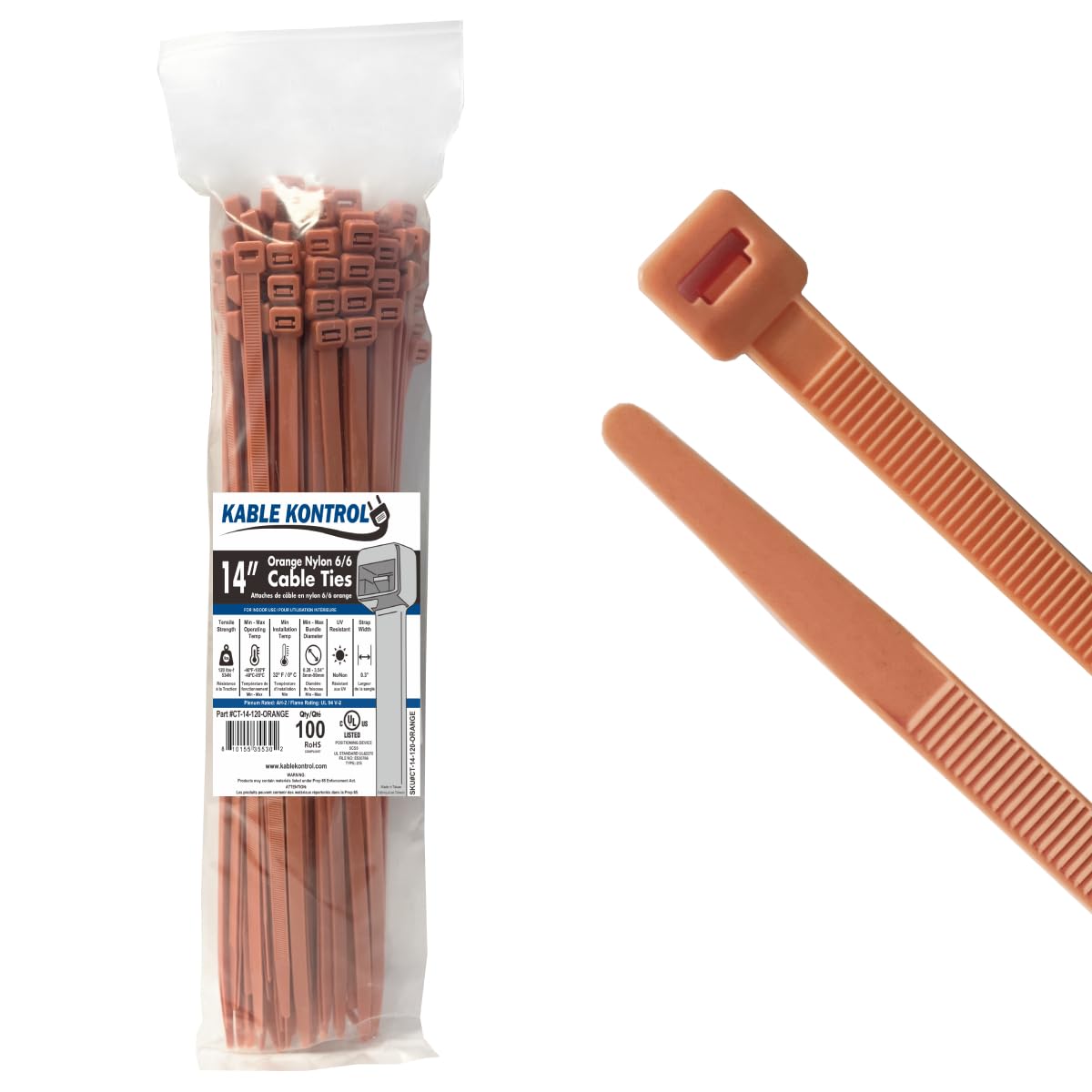 Kable Kontrol front packaging showing bright orange 14-inch ties and pack size benefit