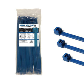 KABLE KONTROL front pack showing 100 blue metal-detectable ties and benefits